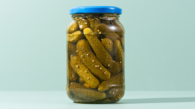 pickle jar with blue lid