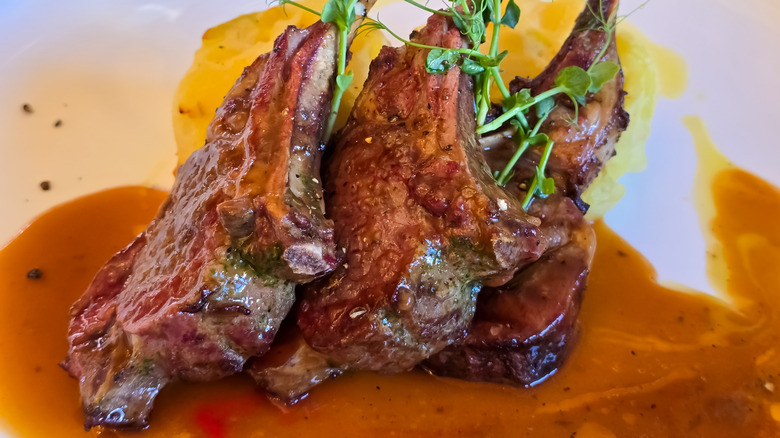 Lamb chops served in a sauce.