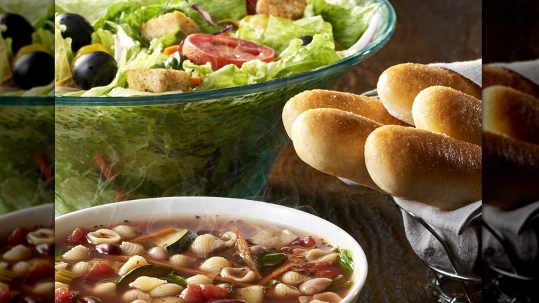 Olive Garden minestrone soup, salad, and breadsticks