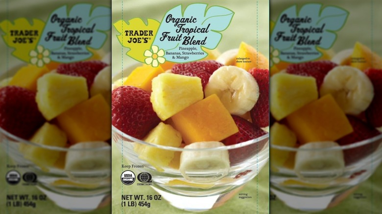 Package display of Trader Joe's tropical fruit blend