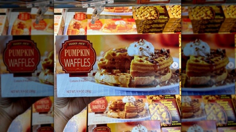 Hand holding box of Trader Joe's pumpkin waffles