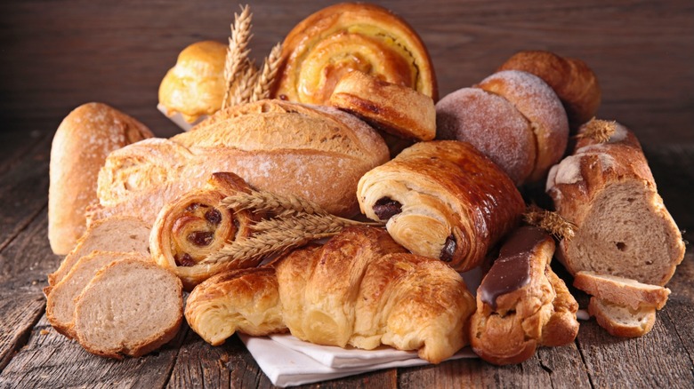 Assorted breakfast breads piled against one another