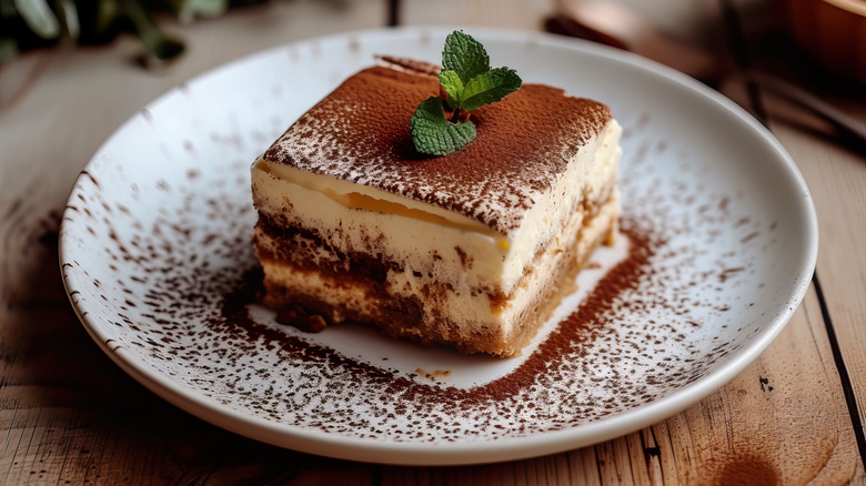 A slice of tiramisu served on a plate