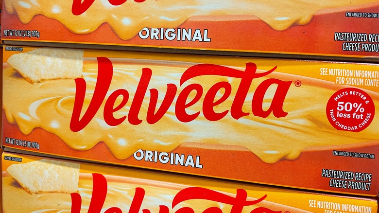 Stacked boxes of Velveeta cheese