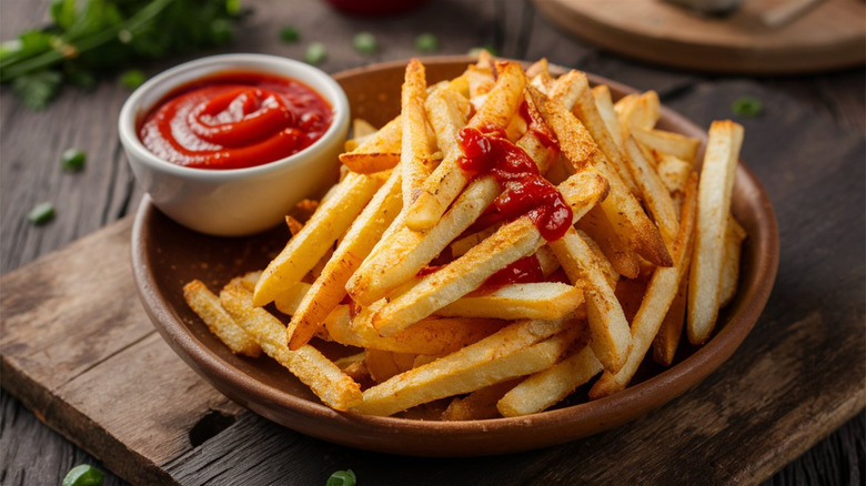 a plate of crispy restaurant french fries with catchup