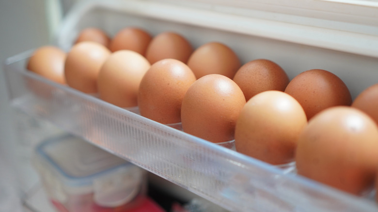 Several brown eggs in egg holders in a fridge