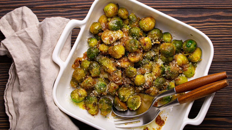 roasted brussels sprouts with parmesan cheese on top