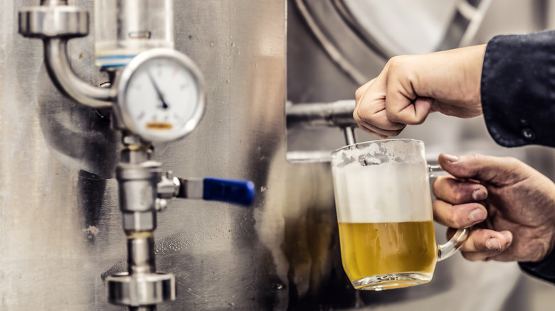 Pouring beer from a still with a temperature gauge