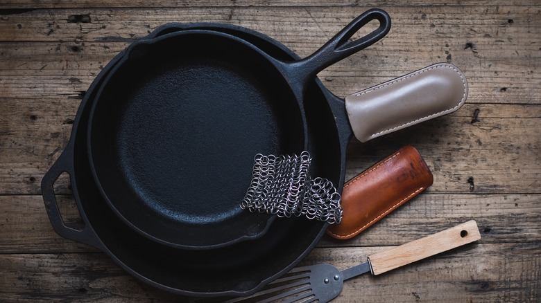 Cast iron skillet with tools