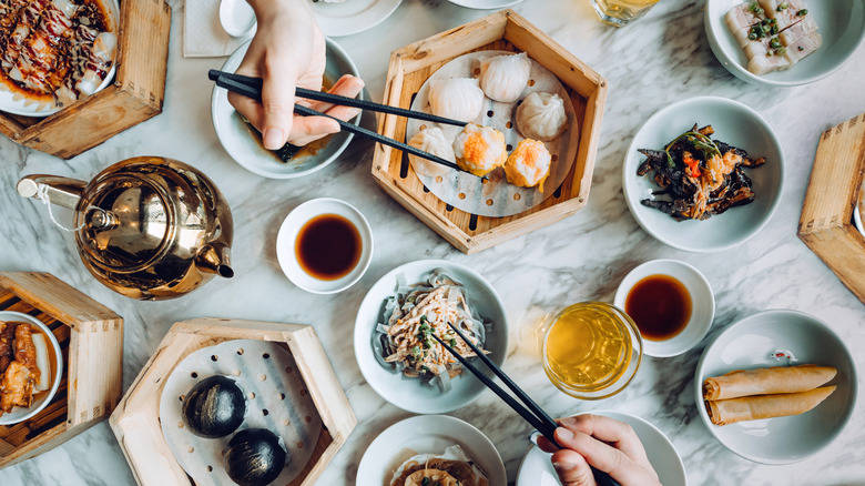 Assortment of different vegetables and proteins from traditional Chinese cuisine