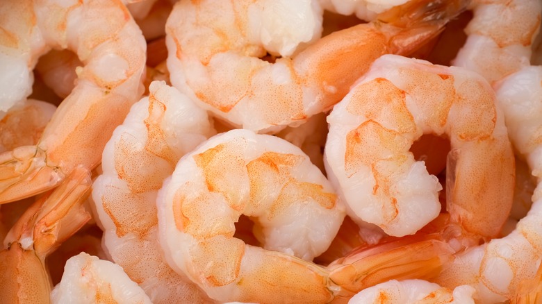 Closeup of fresh pink shrimp that are cooked and ready to eat