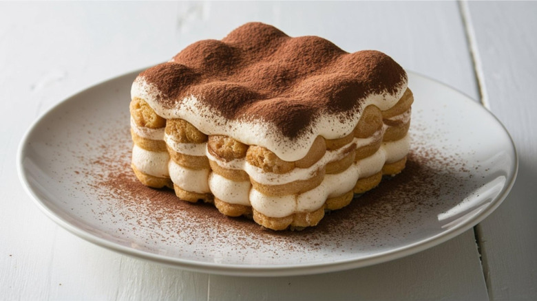 A piece of tiramisu resting on a white plate