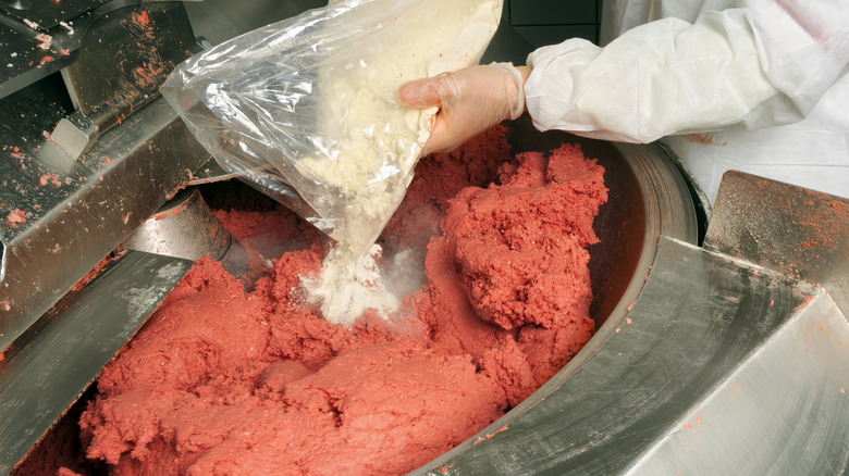 a factory worker mixing meat