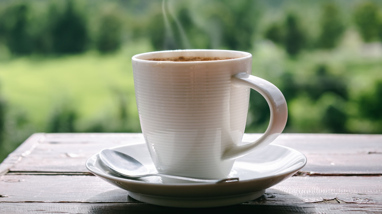 Cup of coffee with forested background