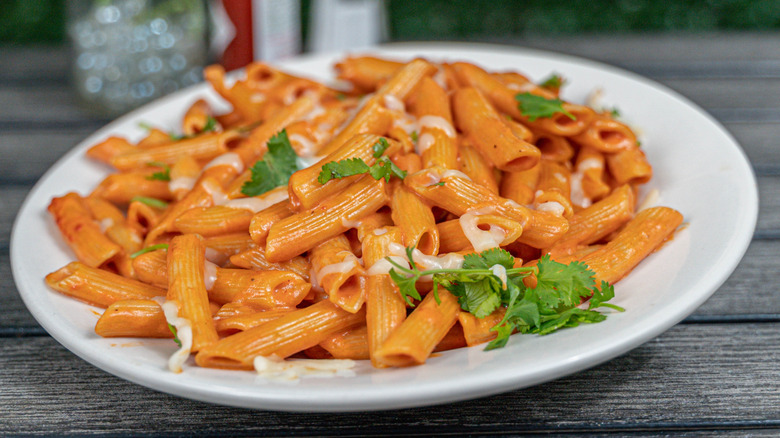 Red sauced penne pasta garnished with mozzarella cheese and herbs on a white plate