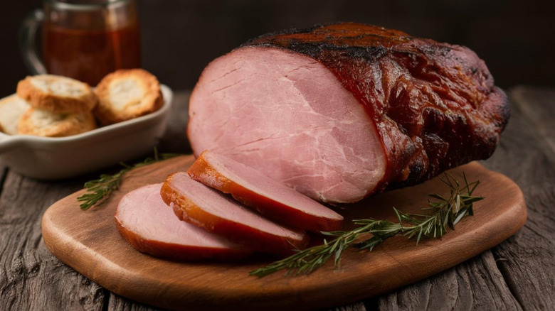 country ham on a wooden block with rosemary