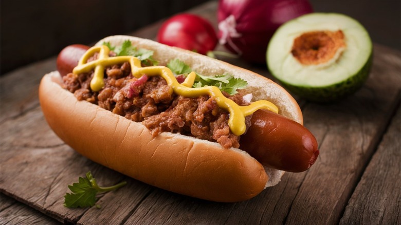 Hot dog and chili in bun