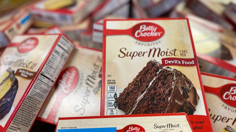 Pile of Betty Crocker cake mix boxes