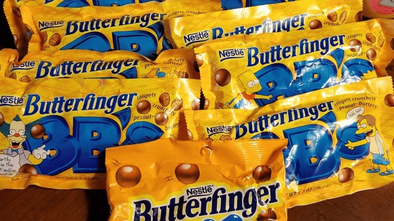 An assortment of Simpsons-branded bags of Butterfringer BB's