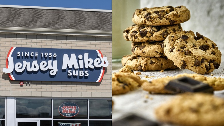 Left: The modern Jersey Mike's sign on the outside of a Jersey Mike's location. Right: A pile of chocolate chip cookies