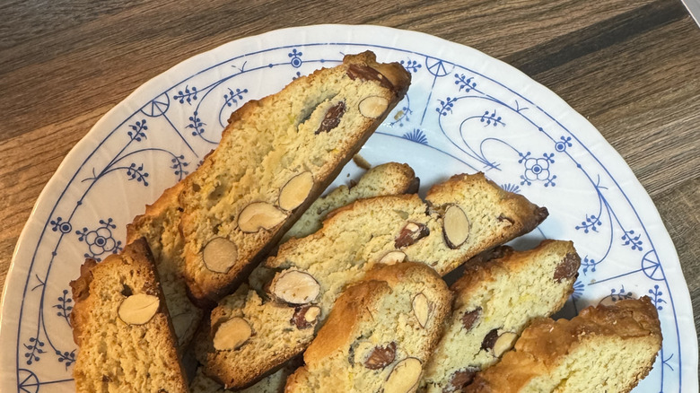 almond biscotti on a blue-patterned plate