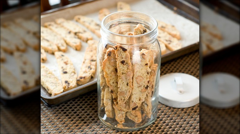 biscotti in a jar and on a pan