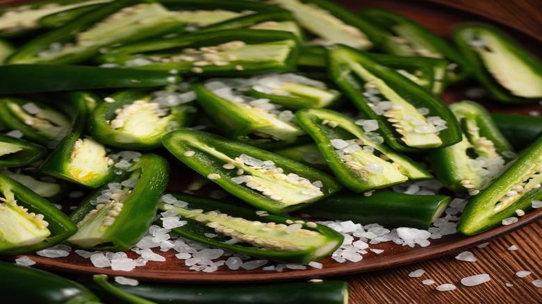 Salted cross-cut green jalapeño peppers