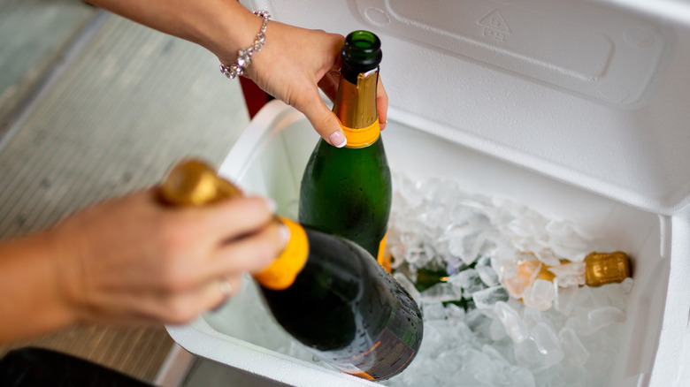 Bottles of champagne being pulled from a cooler full of ice