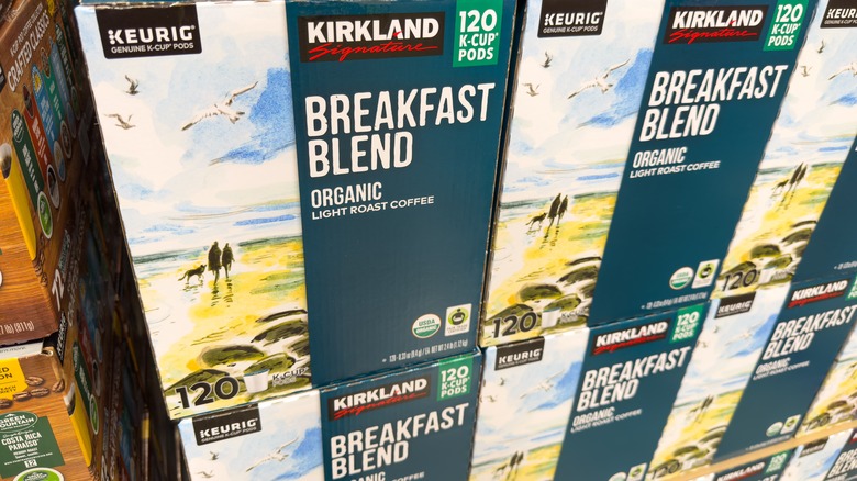 Boxes of Costco Kirkland Signature K-cups in-store