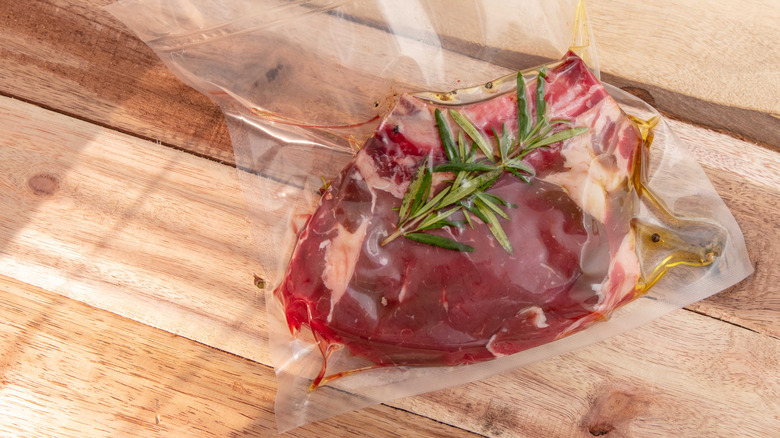 Steak vacuum sealed in a sous vide bag