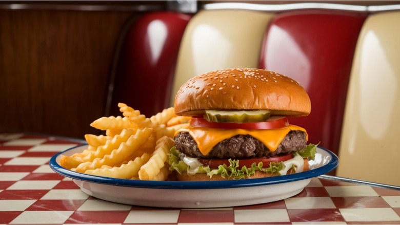 A Whopper cheeseburger from Burger King, unwrapped and plated with french fries