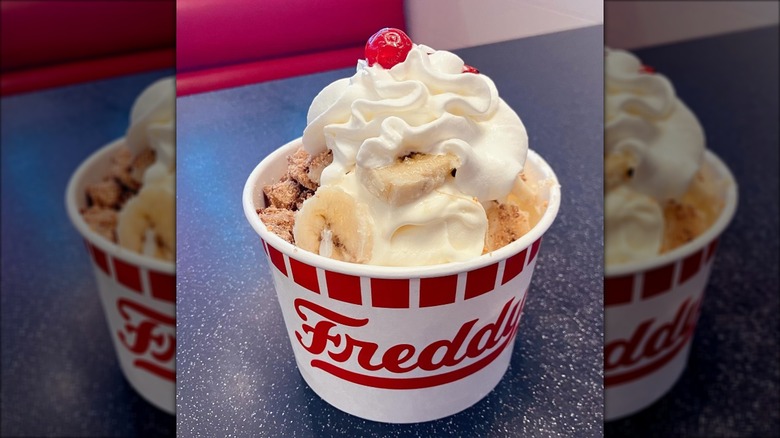 A frozen custard sundae from Freddy's.