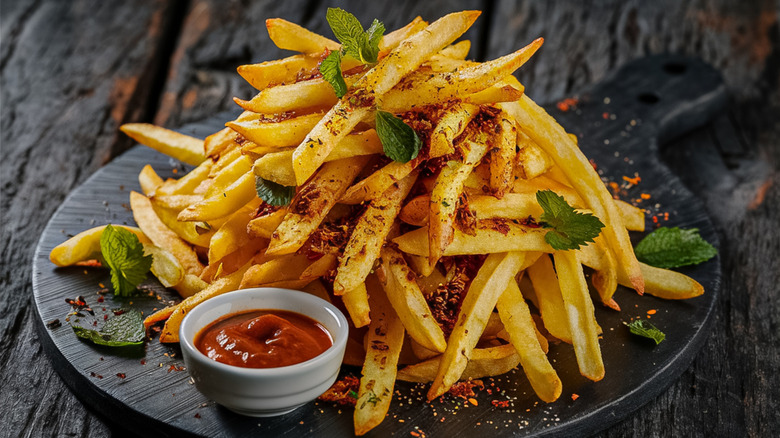 A pile of crispy french fries served on a black plate.