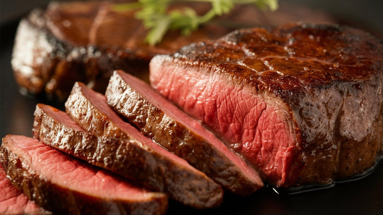 A juicy sliced filet steak, cooked medium