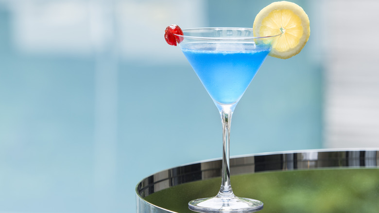 blue cocktail on table