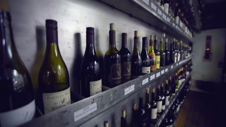 Wines from Bern's Steak House sitting on a shelf.