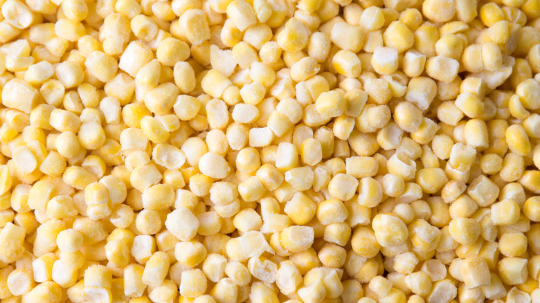 Close-up image of frozen corn kernels