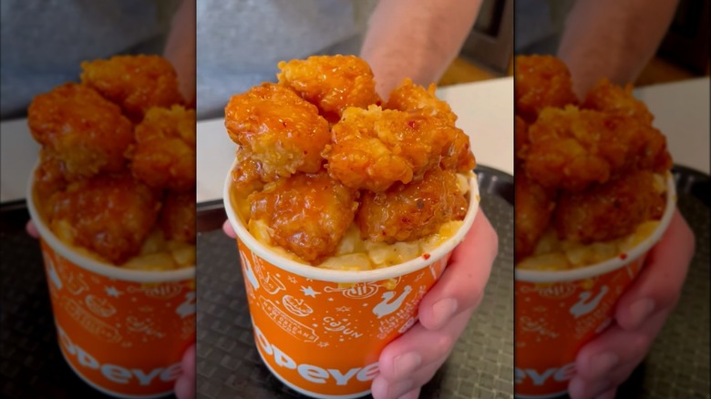 Popeyes chicken nuggets with Sweet Heat sauce and mac and cheese