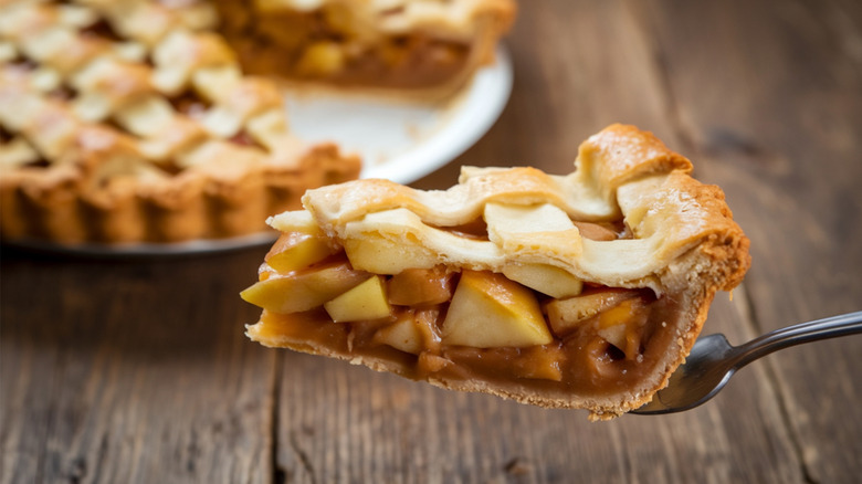 slice of apple pie on a fork