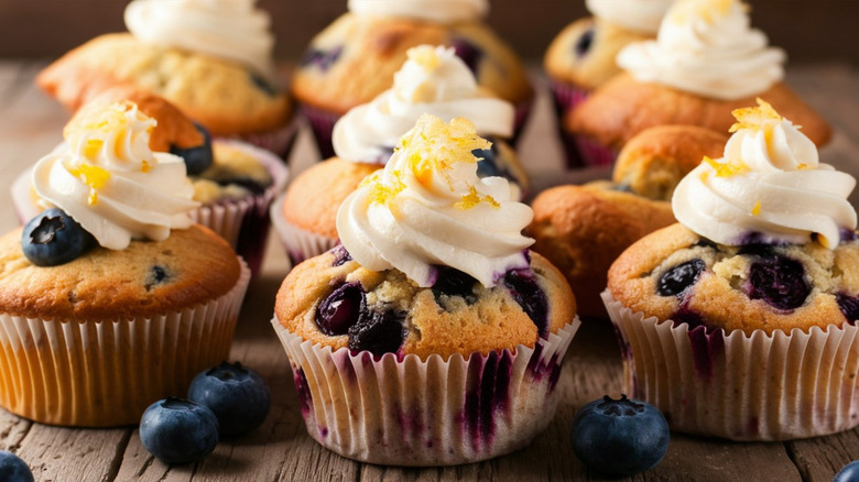 Blueberry muffins with frosting swirls