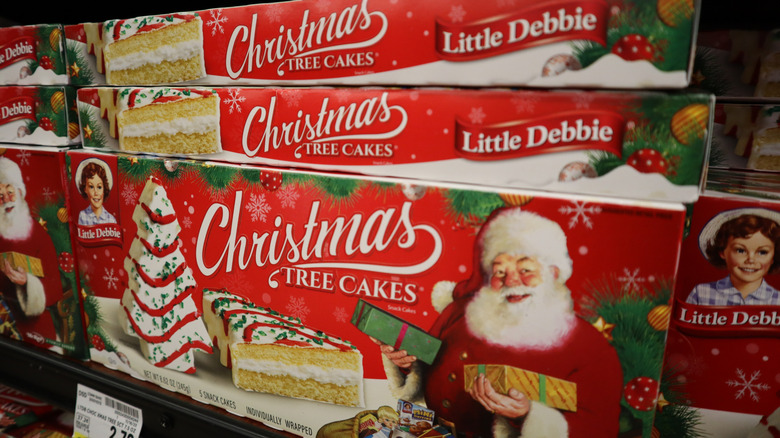 Boxes of Little Debbie Christmas Tree Cakes.