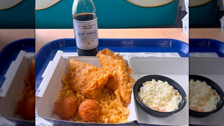 Fried fish and coleslaw on a tray at Long John Silver's