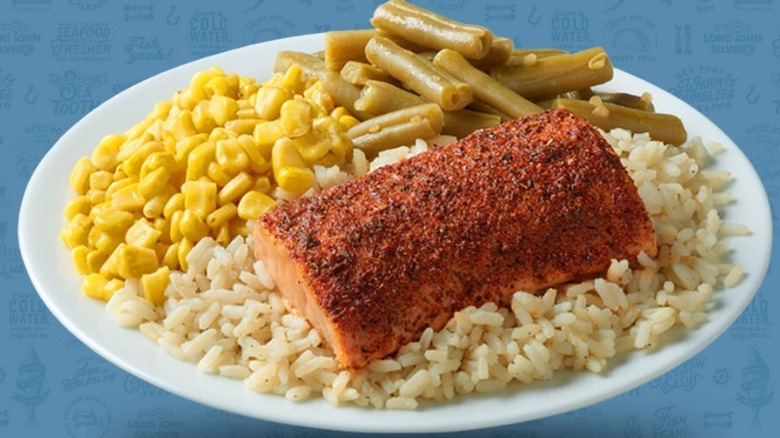 Long John Silver's grilled salmon with rice, corn, and green beans