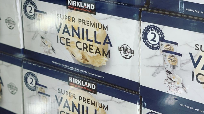 Kirkland Signature vanilla ice cream in freezer case