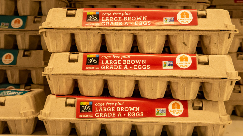 Stacks of cardboard cartons of 365 eggs