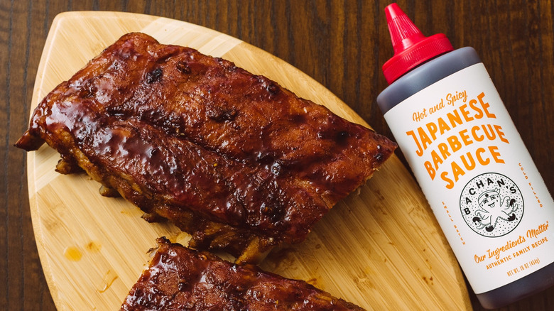 Bottle of Bachan's Japanese Barbecue Sauce with ribs