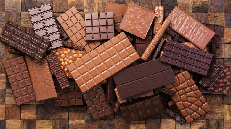 A close-up shot of a pile of chocolate bars