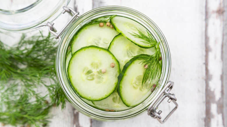 A jar of homemade dill pickles