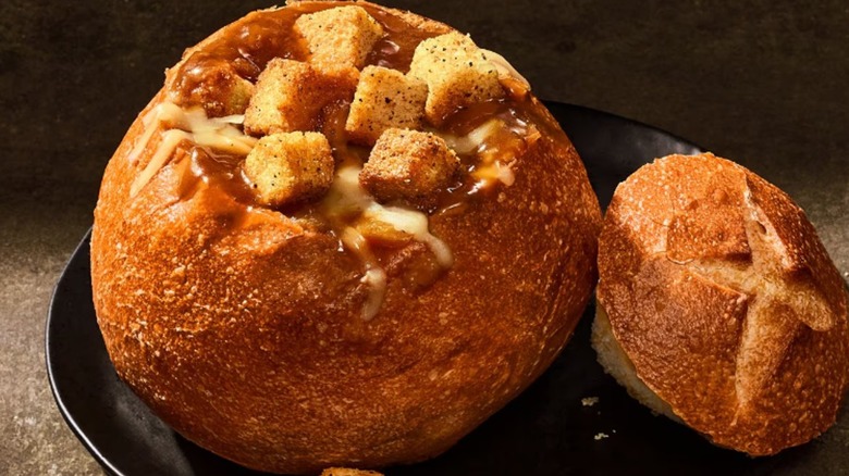 Panera Bread's Bistro French Onion Soup in a bread bowl