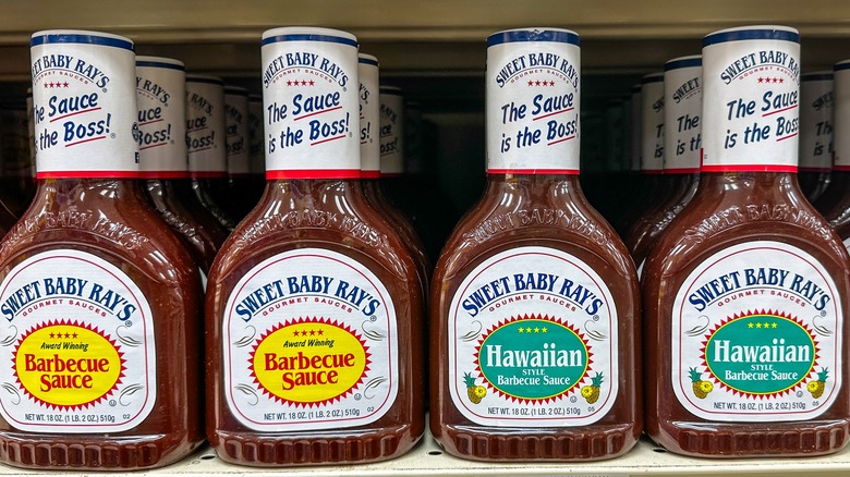 sweet baby ray's barbecue sauce on a store shelf